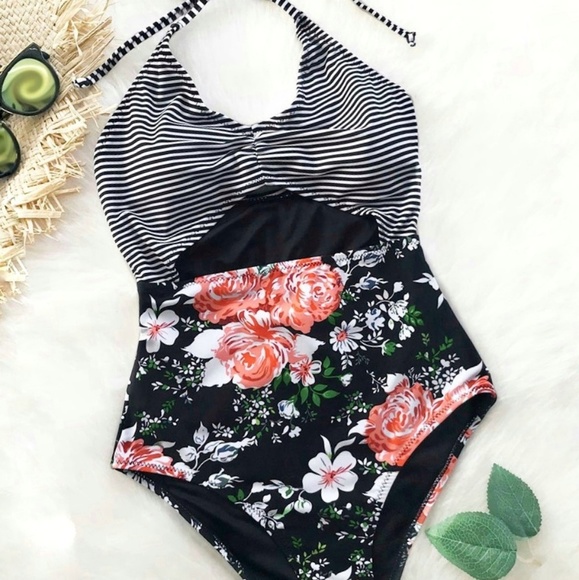 floral and stripe swimsuit